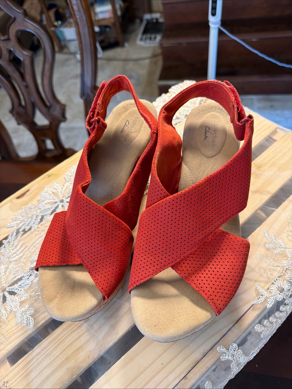 Clarks Red Perforated Cross-Strap Slingback Sandal - Women's